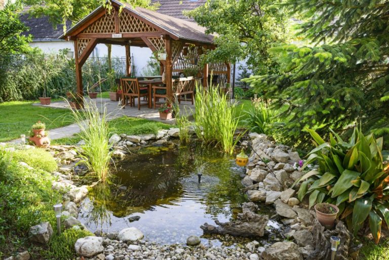 Beautiful Garden With Bench And Little Pond